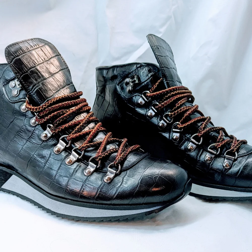 PRADA NEW Men's Black‎ Crocodile Pattern Hiking Boots, Size 43